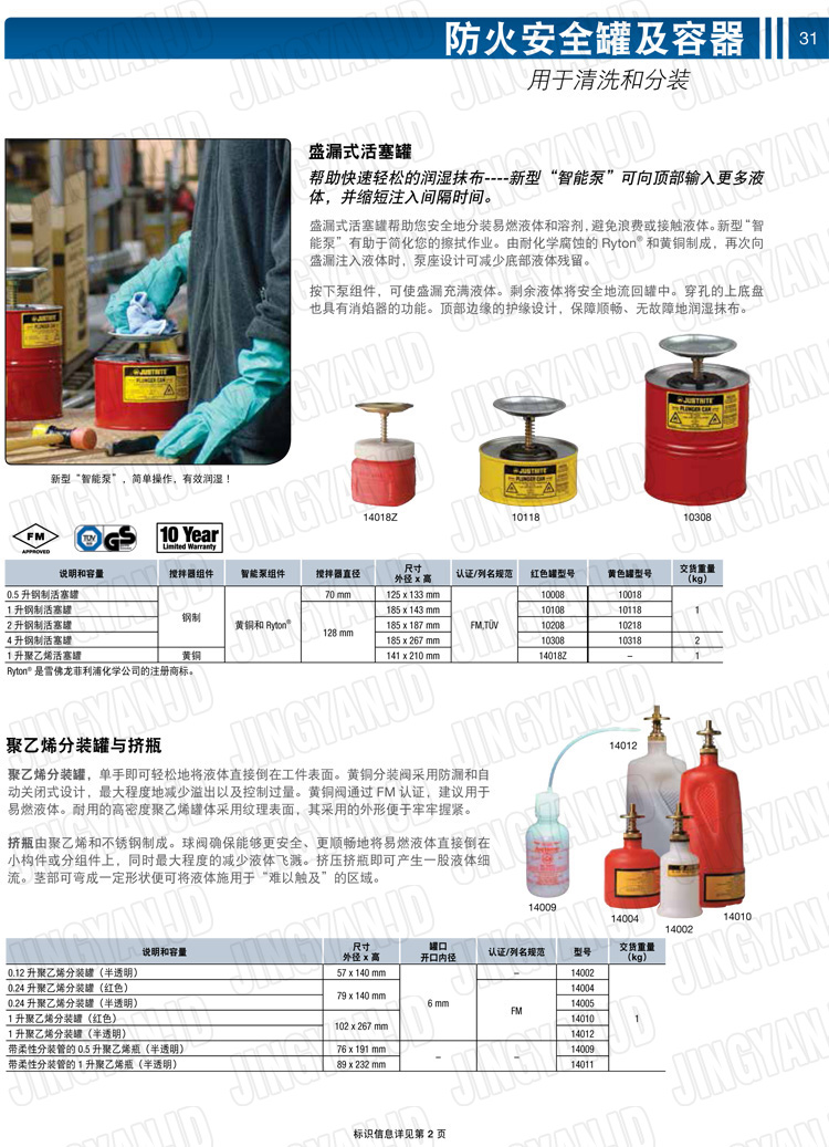 美國杰斯瑞特，JUSTRITE，活塞安全罐，盛漏式活塞罐，化學(xué)品分裝罐，